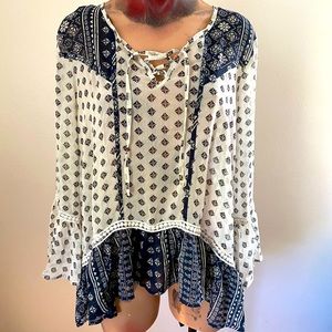 Boho tie up top with bell sleeves